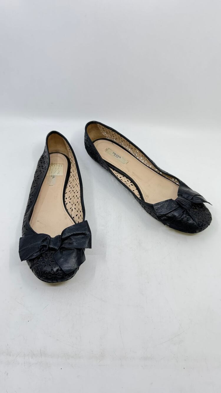 PRADA Eyelet Leather Ballet Flats in Black